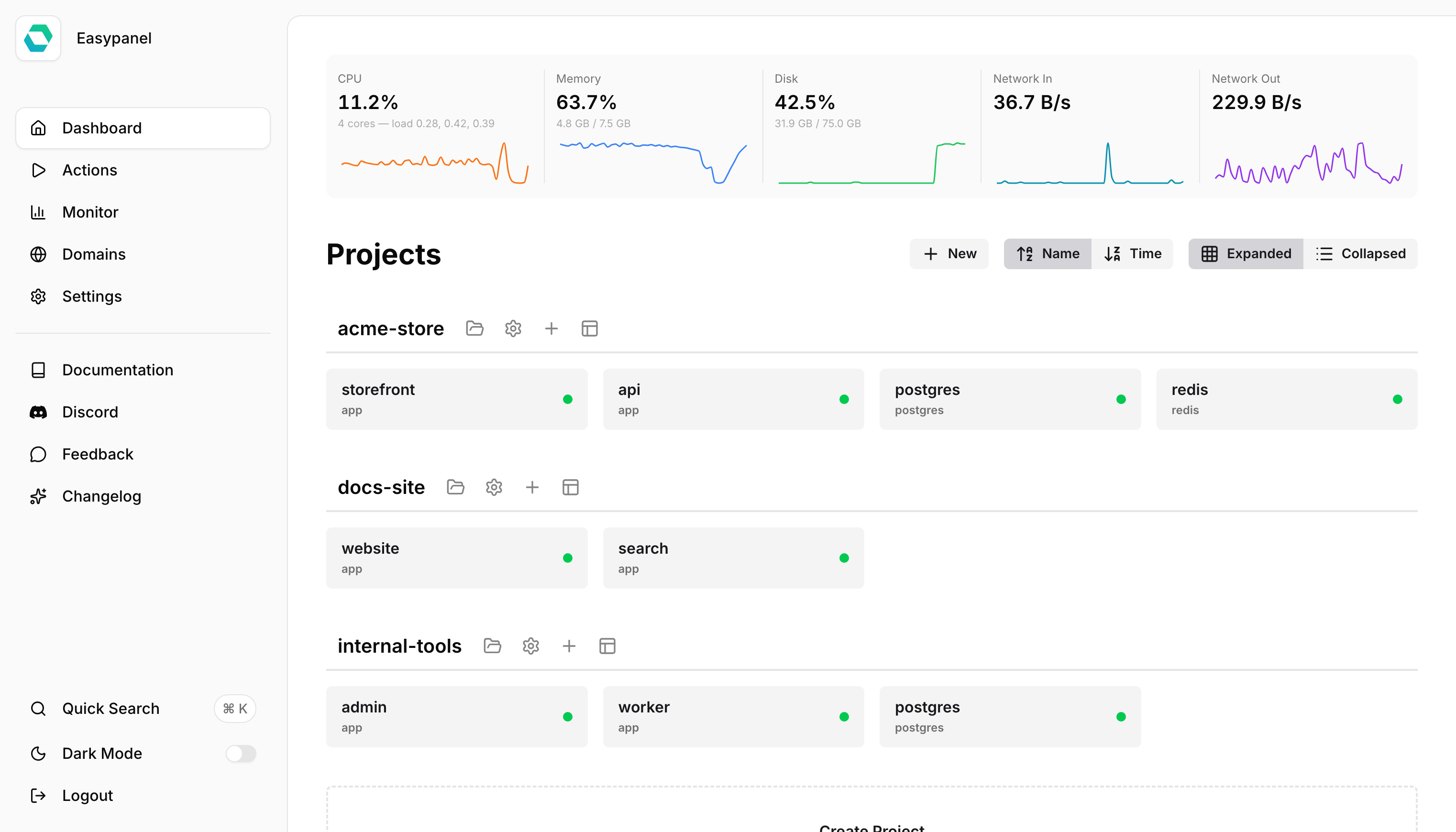 Official EasyPanel dashboard showing projects and server resource monitoring
